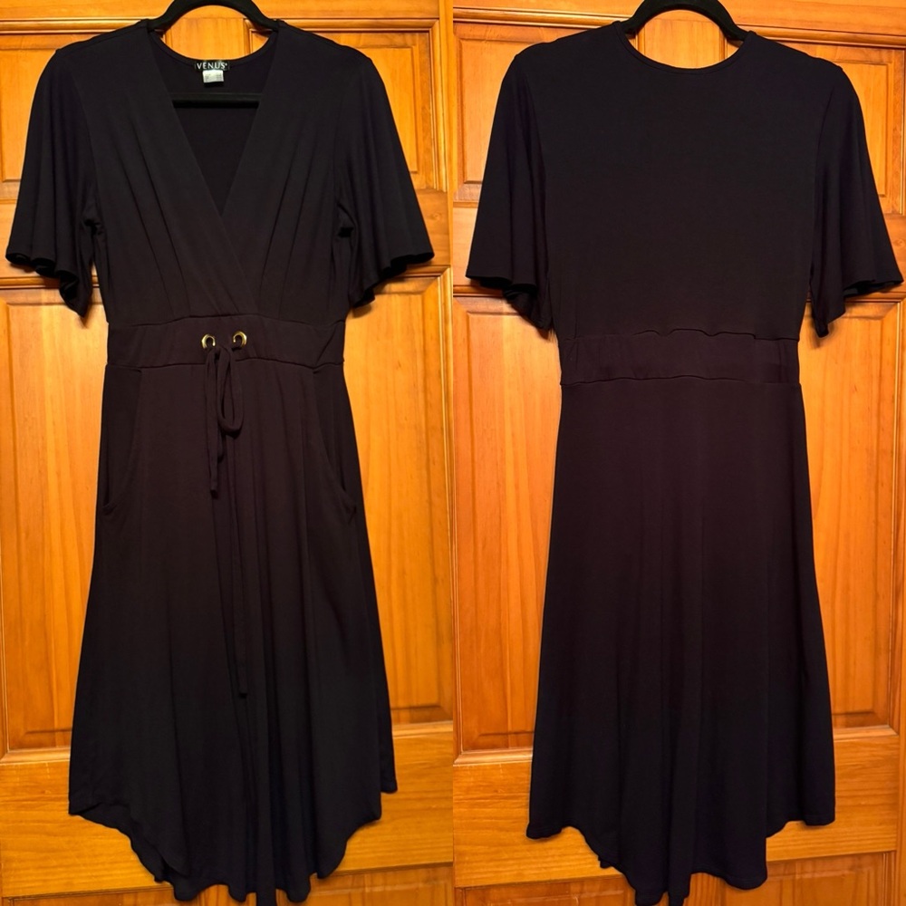 VENUS Black Midi Dress with Tie Waist